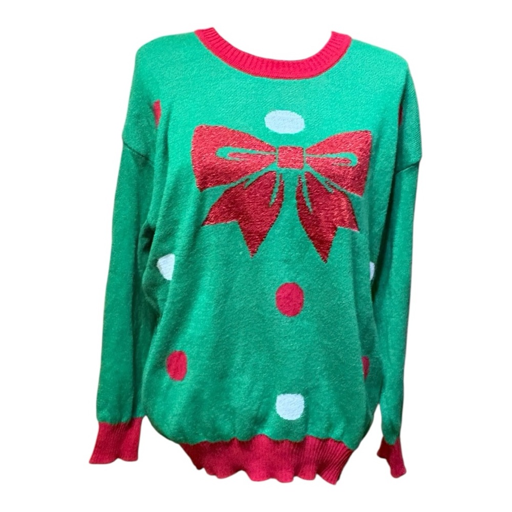 “Well Worn” brand Bright green sweater with a bold red bow & white polka dots